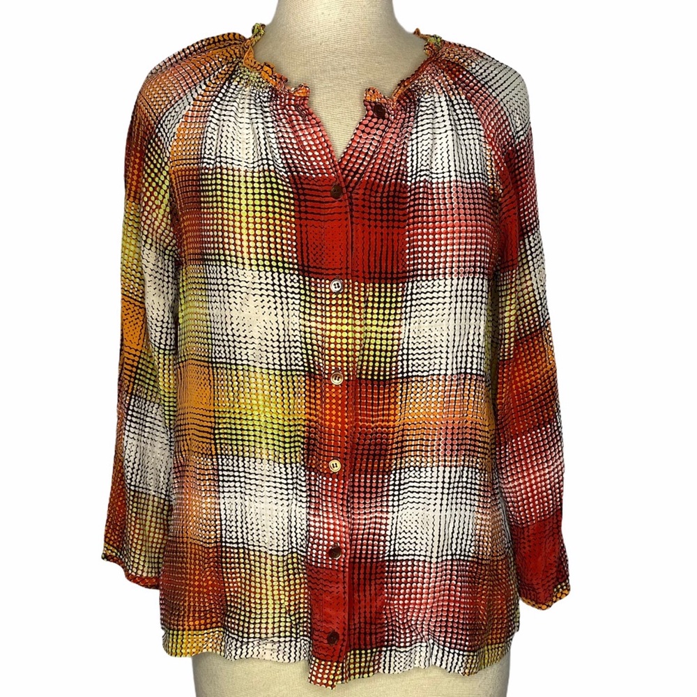 BCBG MaxAzria Bright Geometric Circle Print Silk Blouse Mod Style